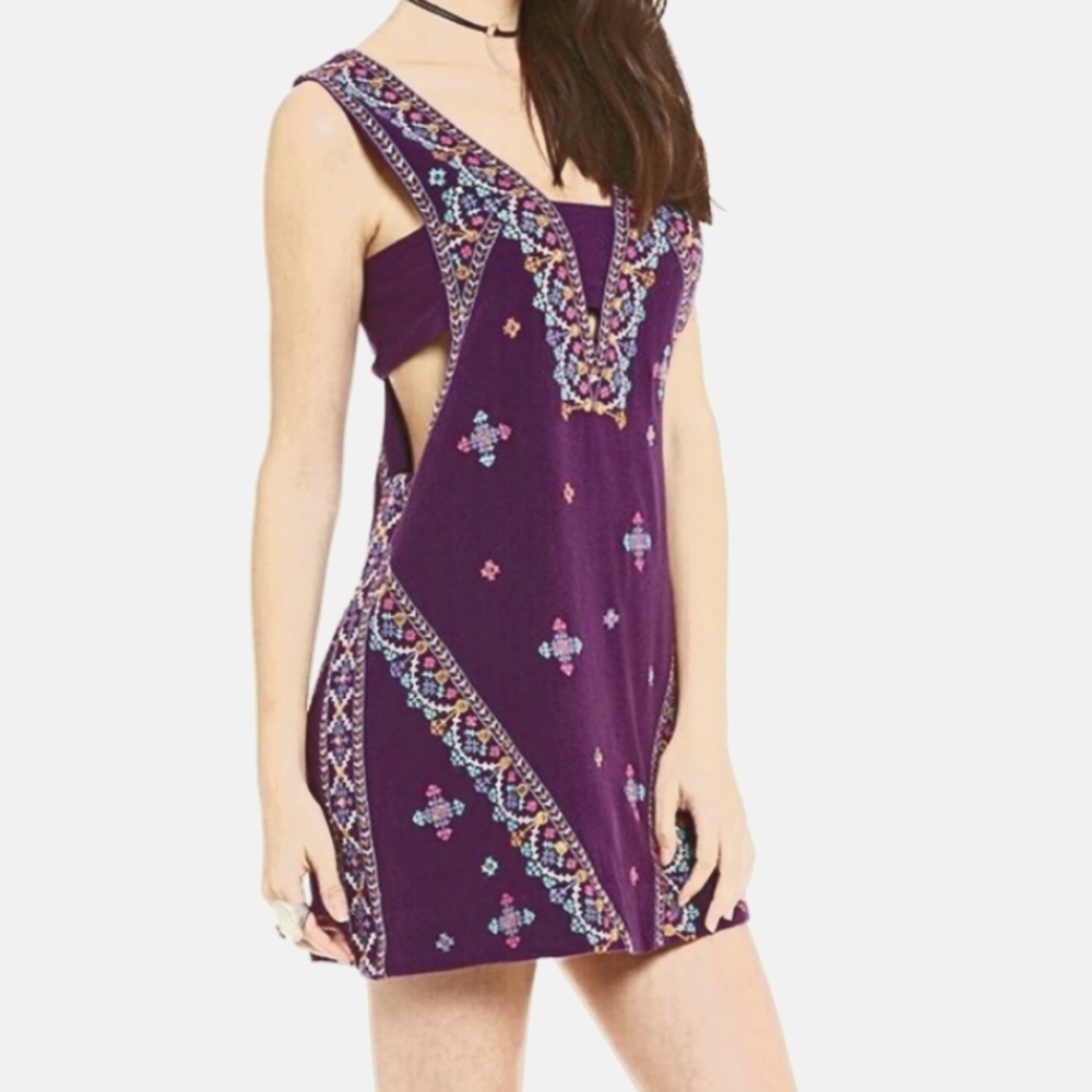 Purple Embroidered Sleeveless Mini Dress